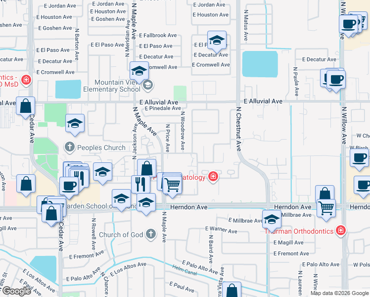 map of restaurants, bars, coffee shops, grocery stores, and more near 7318 North Woodrow Avenue in Fresno