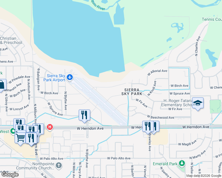 map of restaurants, bars, coffee shops, grocery stores, and more near 4193 West Alluvial Avenue in Fresno