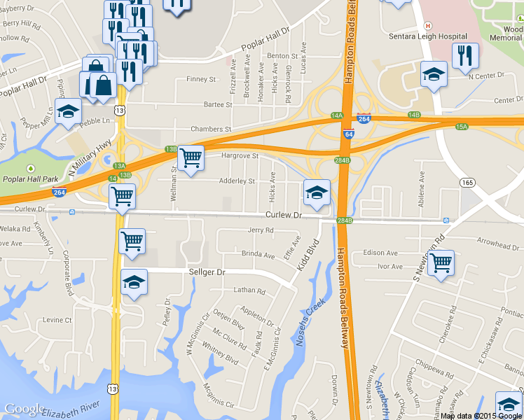map of restaurants, bars, coffee shops, grocery stores, and more near 5916 Curlew Dr in Norfolk