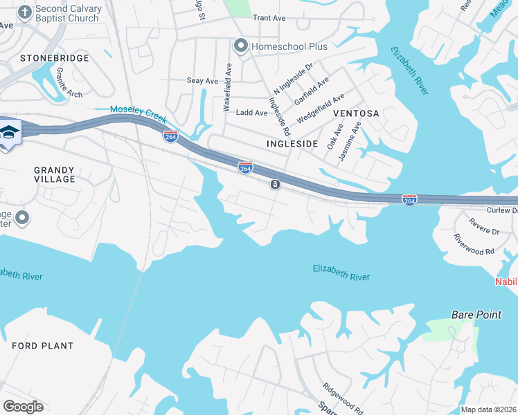 map of restaurants, bars, coffee shops, grocery stores, and more near 3576 Westminster Avenue in Norfolk