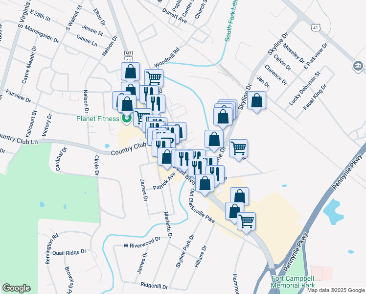 map of restaurants, bars, coffee shops, grocery stores, and more near 909 East 21st Street in Hopkinsville