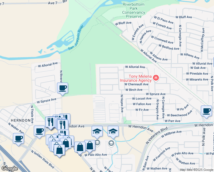 map of restaurants, bars, coffee shops, grocery stores, and more near 6203 West Chennault Avenue in Fresno