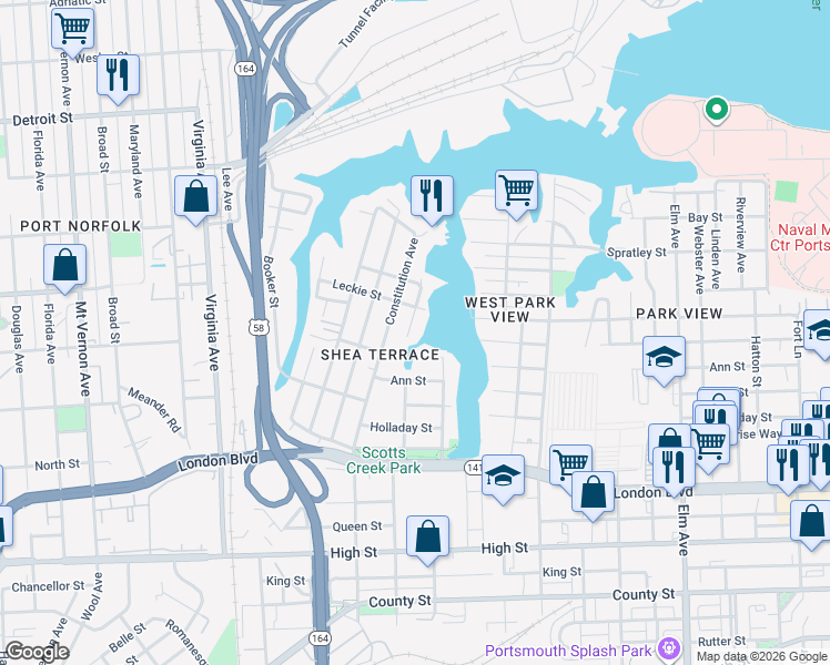 map of restaurants, bars, coffee shops, grocery stores, and more near 217 Jamestown Avenue in Portsmouth