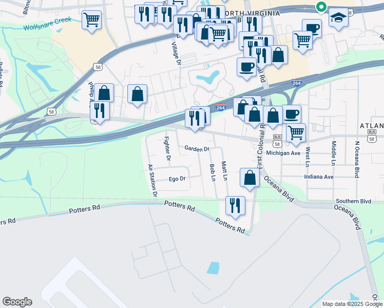 map of restaurants, bars, coffee shops, grocery stores, and more near 1809 Riddle Avenue in Virginia Beach