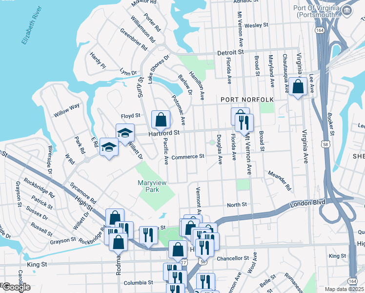 map of restaurants, bars, coffee shops, grocery stores, and more near 730 Potomac Avenue in Portsmouth