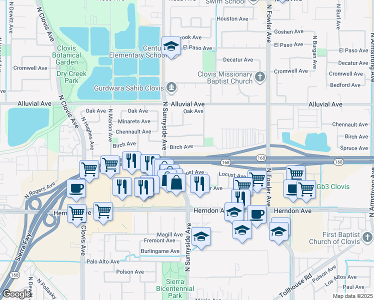 map of restaurants, bars, coffee shops, grocery stores, and more near 1492 Birch Avenue in Clovis