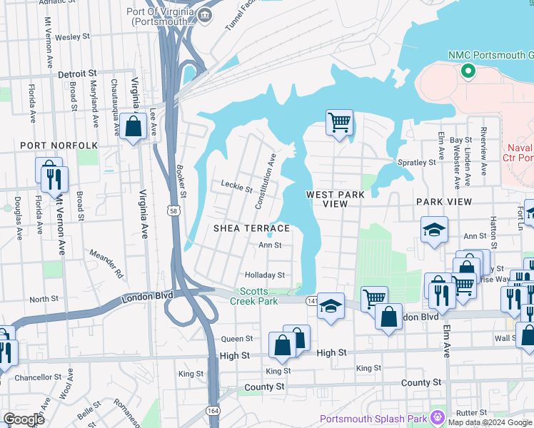 map of restaurants, bars, coffee shops, grocery stores, and more near 214 Jamestown Avenue in Portsmouth