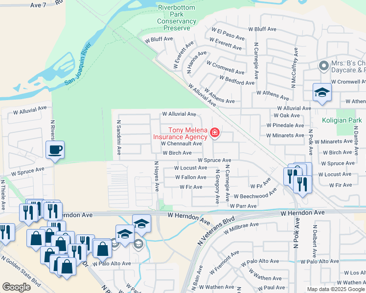 map of restaurants, bars, coffee shops, grocery stores, and more near 5963 West Chennault Avenue in Fresno
