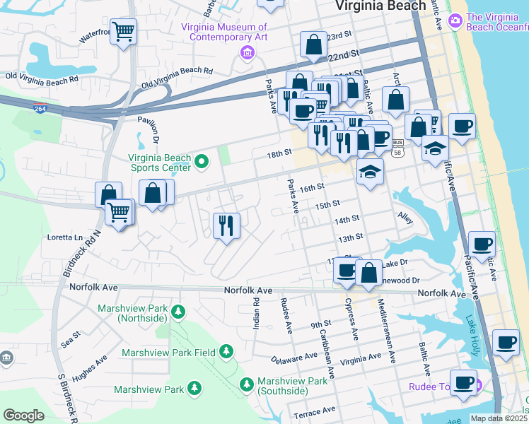 map of restaurants, bars, coffee shops, grocery stores, and more near 825 15 1/2 Street in Virginia Beach