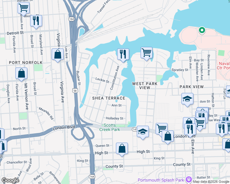 map of restaurants, bars, coffee shops, grocery stores, and more near 217 Jamestown Avenue in Portsmouth