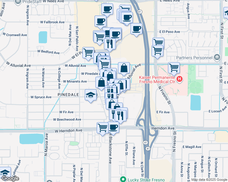 map of restaurants, bars, coffee shops, grocery stores, and more near 7228 North Blackstone Avenue in Fresno