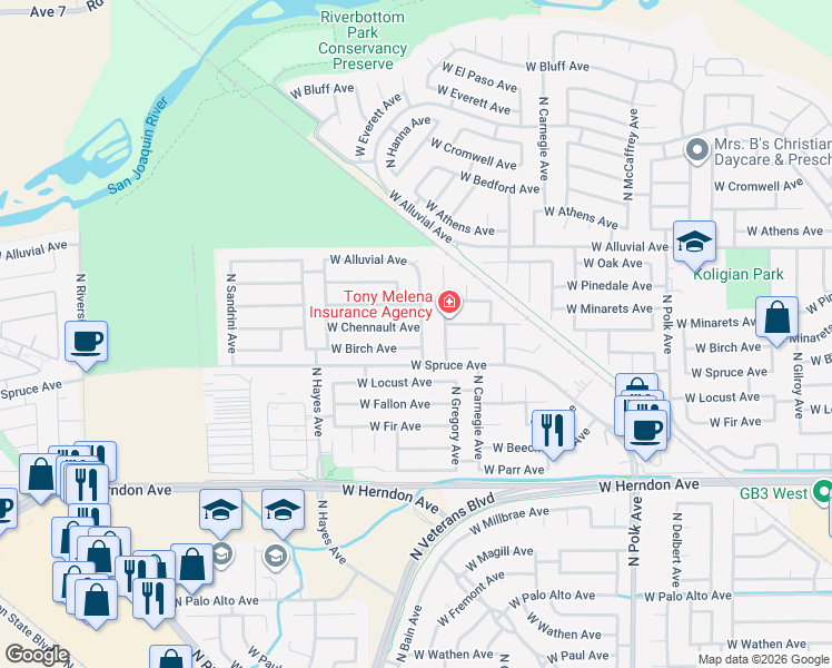 map of restaurants, bars, coffee shops, grocery stores, and more near 5885 West Chennault Avenue in Fresno
