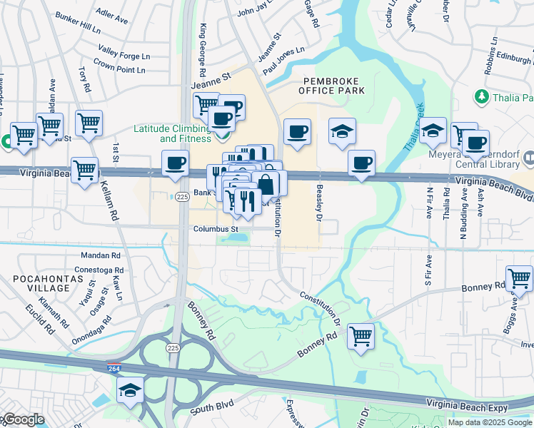 map of restaurants, bars, coffee shops, grocery stores, and more near 4505 Main Street in Virginia Beach