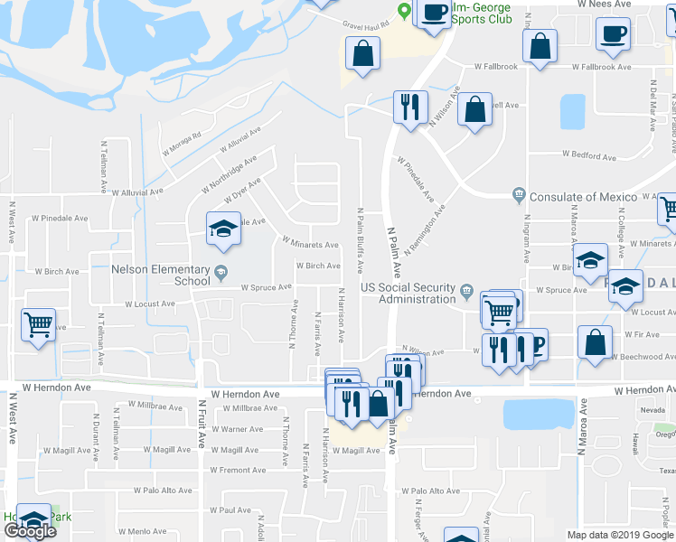 map of restaurants, bars, coffee shops, grocery stores, and more near 1113 West Birch Avenue in Fresno