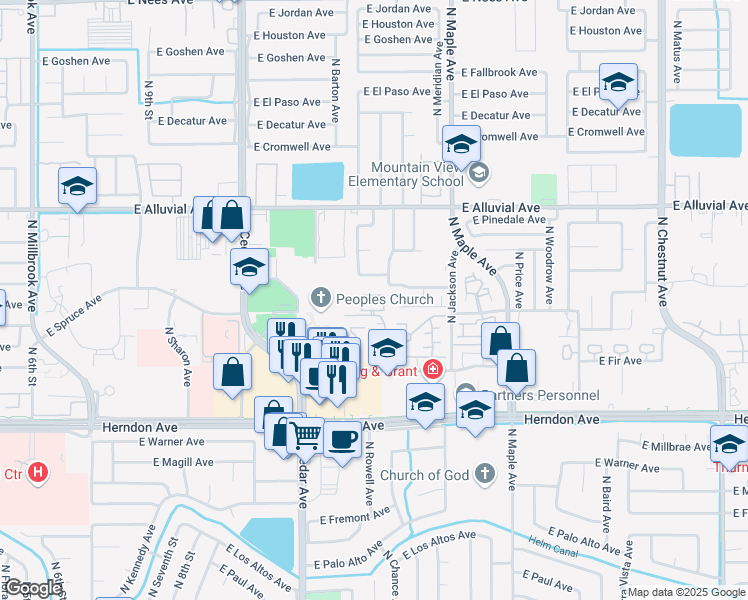 map of restaurants, bars, coffee shops, grocery stores, and more near 1700 East Fir Avenue in Fresno