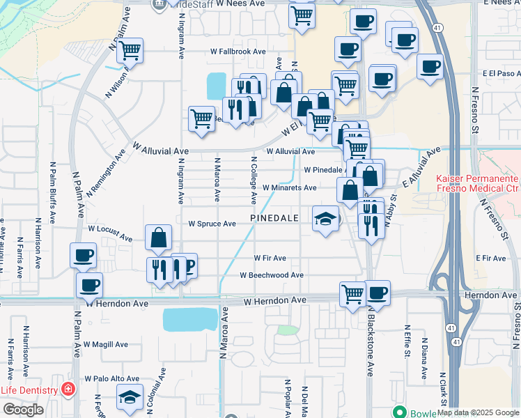 map of restaurants, bars, coffee shops, grocery stores, and more near 7227 North College Avenue in Fresno