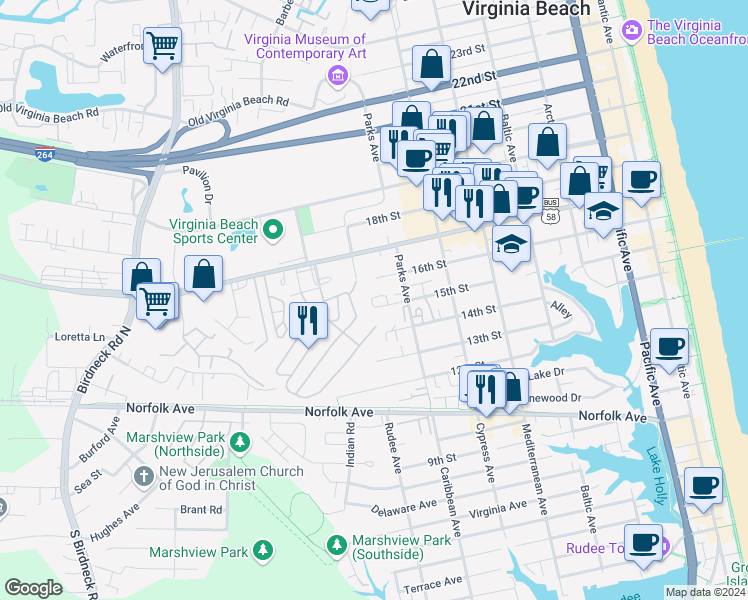 map of restaurants, bars, coffee shops, grocery stores, and more near 824 15th Street in Virginia Beach