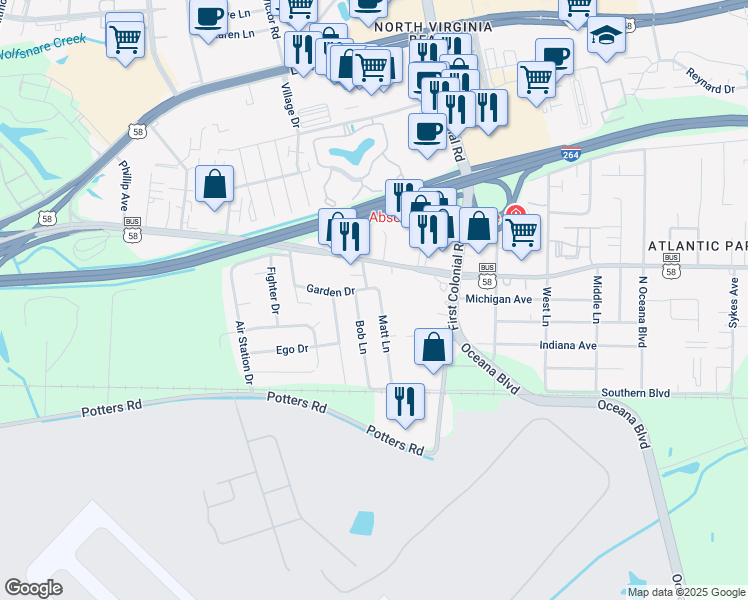 map of restaurants, bars, coffee shops, grocery stores, and more near 217 Matt Lane in Virginia Beach