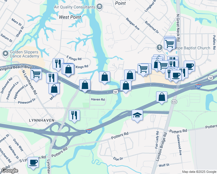 map of restaurants, bars, coffee shops, grocery stores, and more near 2540 Virginia Beach Boulevard in Virginia Beach