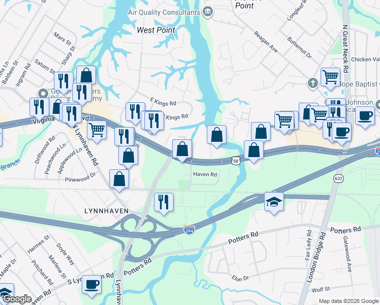 map of restaurants, bars, coffee shops, grocery stores, and more near 2608 Colony Pines Drive in Virginia Beach