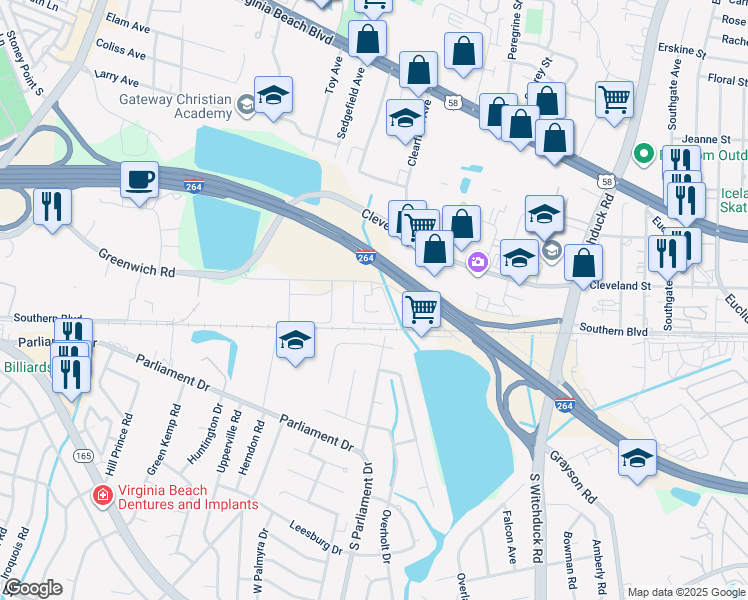 map of restaurants, bars, coffee shops, grocery stores, and more near 5321 Greenwich Road in Virginia Beach