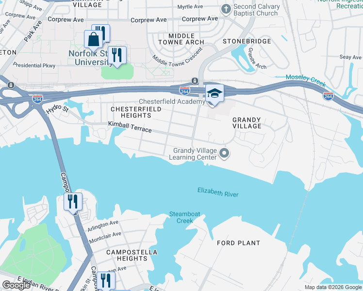 map of restaurants, bars, coffee shops, grocery stores, and more near 2822 Marlboro Avenue in Norfolk