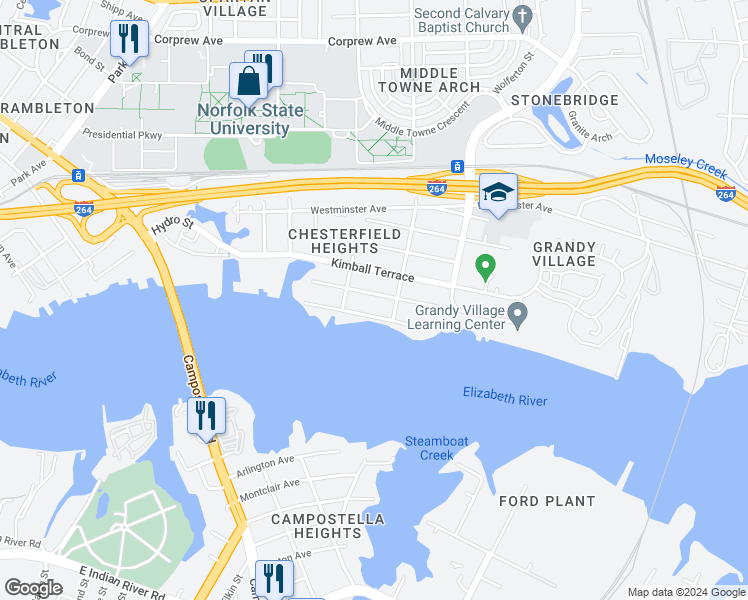 map of restaurants, bars, coffee shops, grocery stores, and more near 2715 Marlboro Avenue in Norfolk