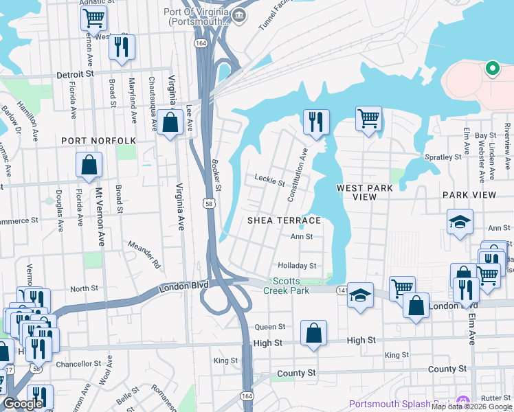 map of restaurants, bars, coffee shops, grocery stores, and more near 219 Sandpiper Drive in Portsmouth