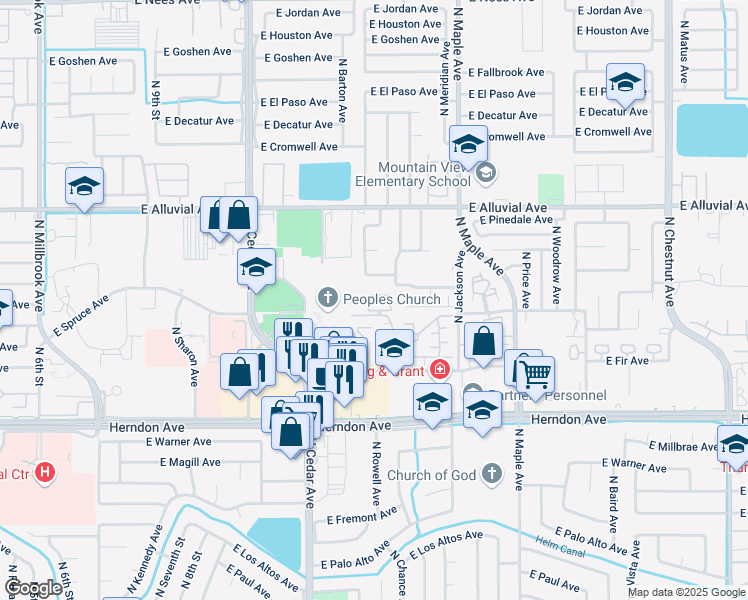 map of restaurants, bars, coffee shops, grocery stores, and more near 1700 East Fir Avenue in Fresno