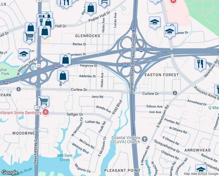 map of restaurants, bars, coffee shops, grocery stores, and more near 100 Glenrock Road in Norfolk