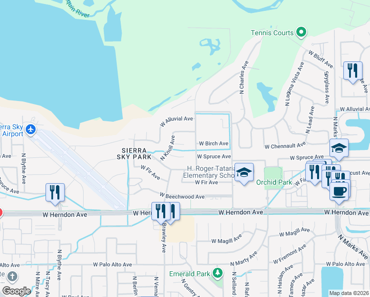 map of restaurants, bars, coffee shops, grocery stores, and more near 3715 West Birch Avenue in Fresno