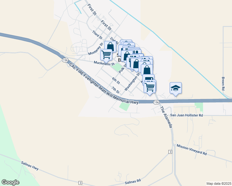 map of restaurants, bars, coffee shops, grocery stores, and more near 203 7th Street in Hollister