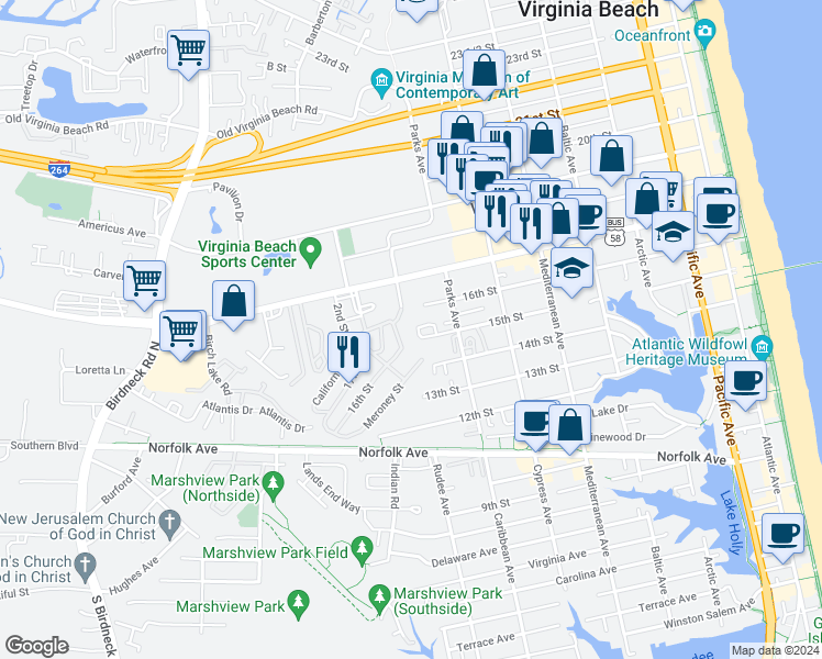 map of restaurants, bars, coffee shops, grocery stores, and more near 823 15th Street in Virginia Beach