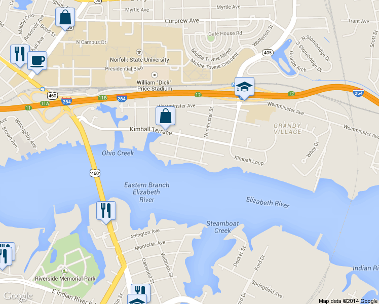 map of restaurants, bars, coffee shops, grocery stores, and more near 2715 Marlboro Ave in Norfolk