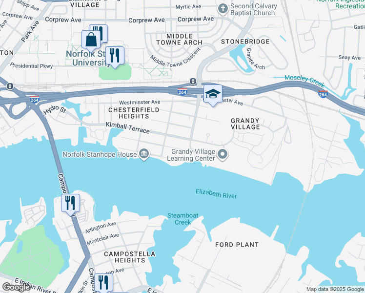 map of restaurants, bars, coffee shops, grocery stores, and more near 2822 Marlboro Avenue in Norfolk