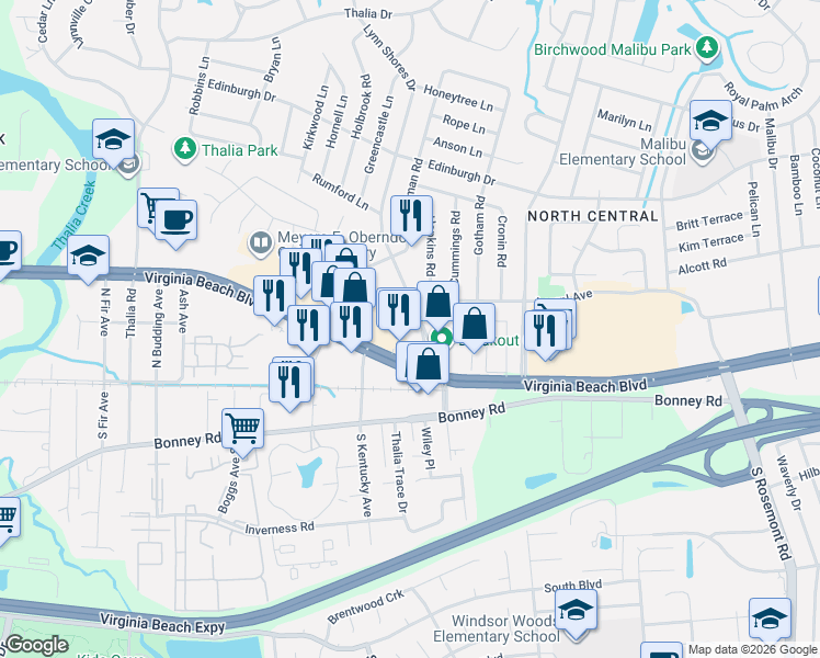 map of restaurants, bars, coffee shops, grocery stores, and more near 333 Lynn Shores Drive in Virginia Beach