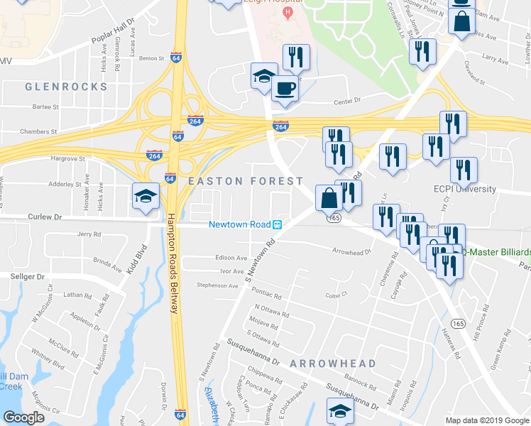 map of restaurants, bars, coffee shops, grocery stores, and more near 111 Houston Avenue in Norfolk