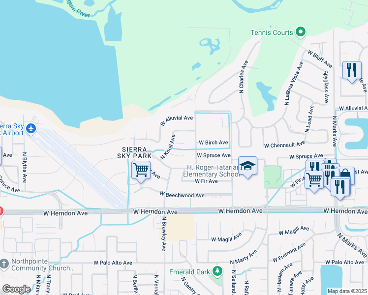 map of restaurants, bars, coffee shops, grocery stores, and more near 3715 West Birch Avenue in Fresno