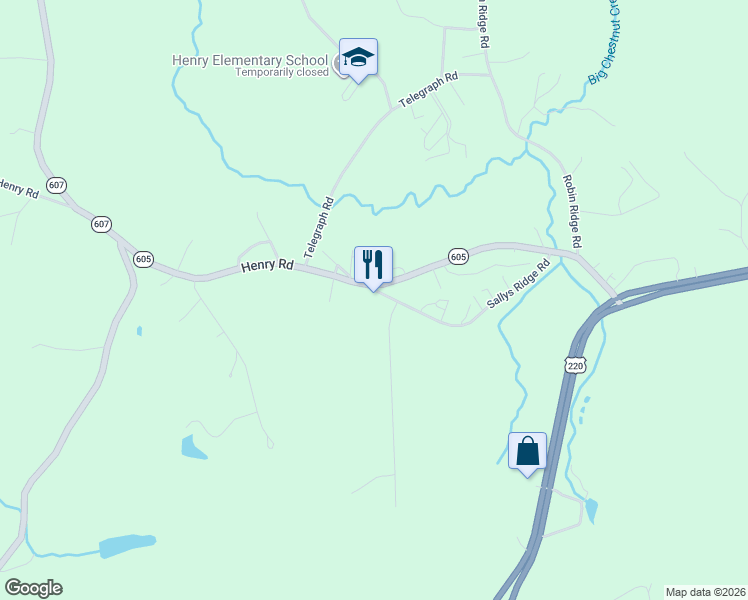 map of restaurants, bars, coffee shops, grocery stores, and more near 40 Sallys Ridge Road in Henry