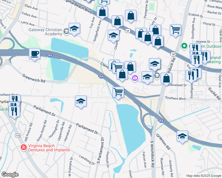 map of restaurants, bars, coffee shops, grocery stores, and more near 5299 Greenwich Road in Virginia Beach