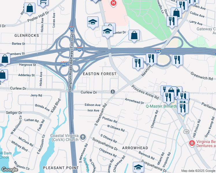 map of restaurants, bars, coffee shops, grocery stores, and more near 111 Houston Avenue in Norfolk