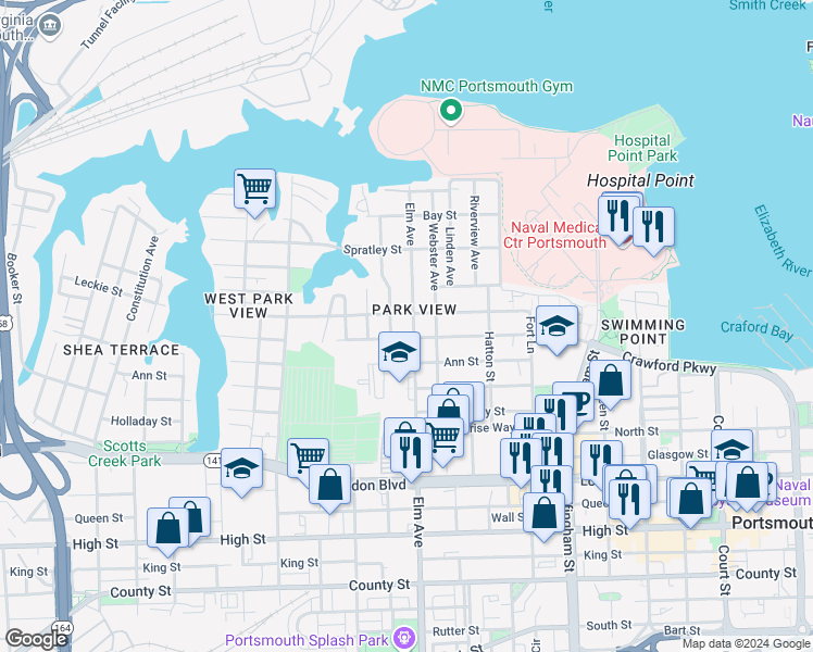 map of restaurants, bars, coffee shops, grocery stores, and more near 212 Elm Avenue in Portsmouth