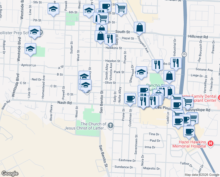 map of restaurants, bars, coffee shops, grocery stores, and more near 136 Palm Street in Hollister