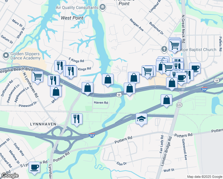 map of restaurants, bars, coffee shops, grocery stores, and more near 2540 Virginia Beach Boulevard in Virginia Beach