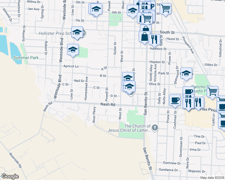 map of restaurants, bars, coffee shops, grocery stores, and more near 1170 Suiter Street in Hollister
