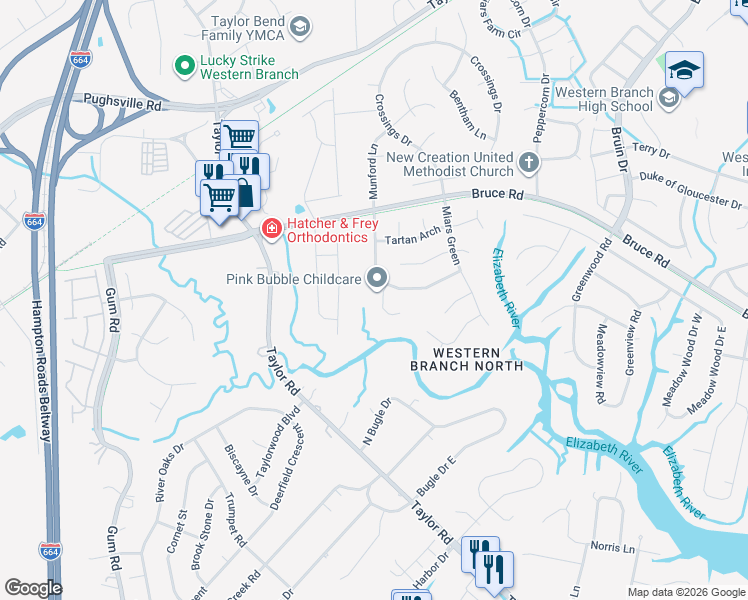 map of restaurants, bars, coffee shops, grocery stores, and more near 3221 Duquesne Drive in Chesapeake