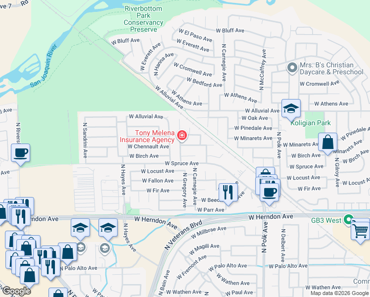map of restaurants, bars, coffee shops, grocery stores, and more near 5803 West Chennault Avenue in Fresno