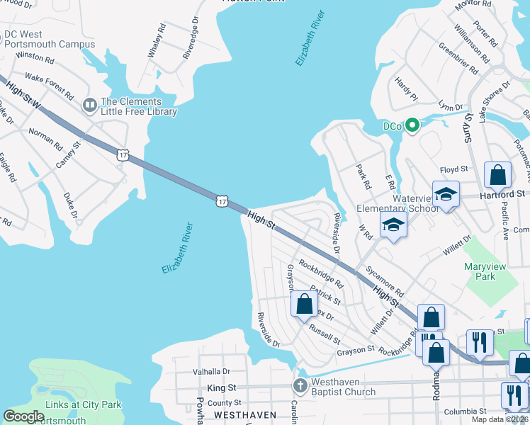 map of restaurants, bars, coffee shops, grocery stores, and more near 3930 High Street in Portsmouth