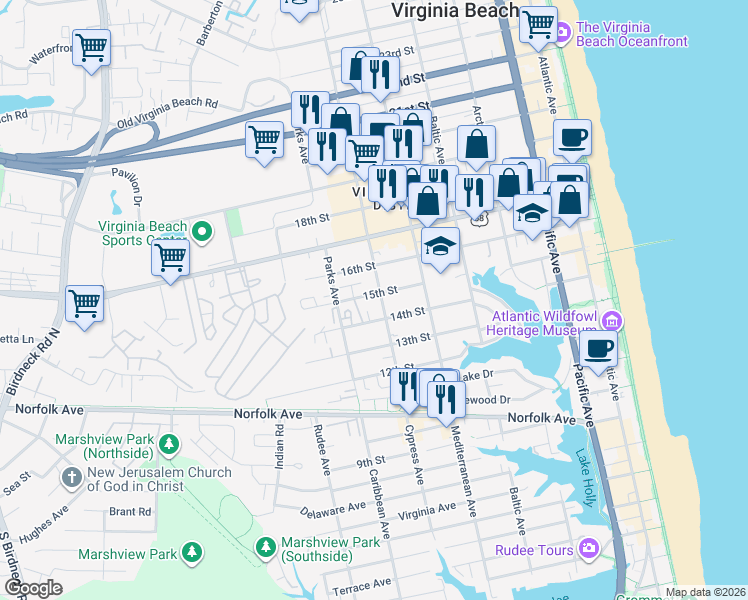 map of restaurants, bars, coffee shops, grocery stores, and more near 1414 Cypress Avenue in Virginia Beach