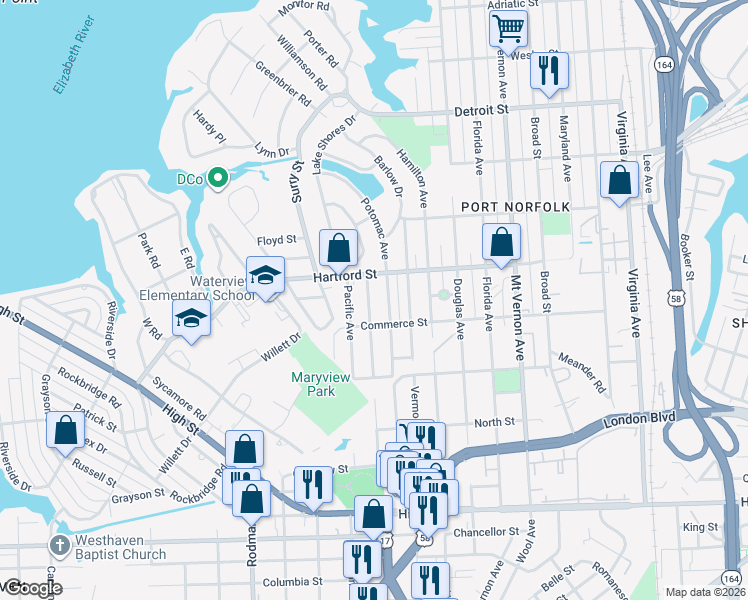 map of restaurants, bars, coffee shops, grocery stores, and more near 723 Cambridge Ave in Portsmouth